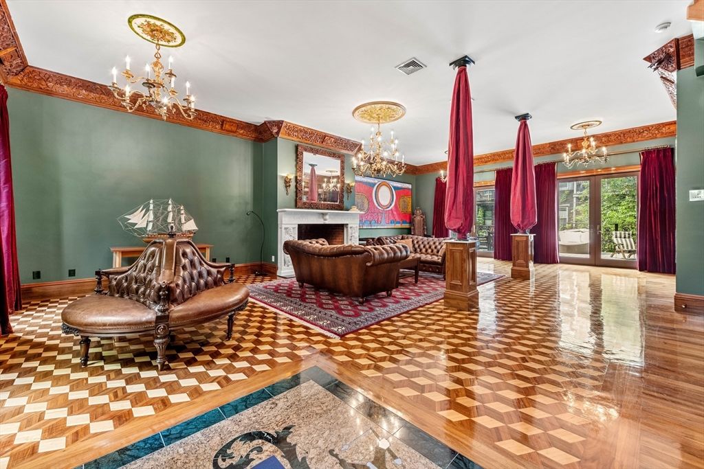 Chandelier, Fireplace, Interior, Wood Texture Flooring