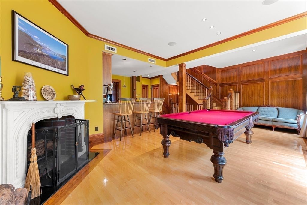 Billiard Table, Fireplace, Game Room, Interior, Recessed Lighting, Wood Texture Flooring, Wooden Walls