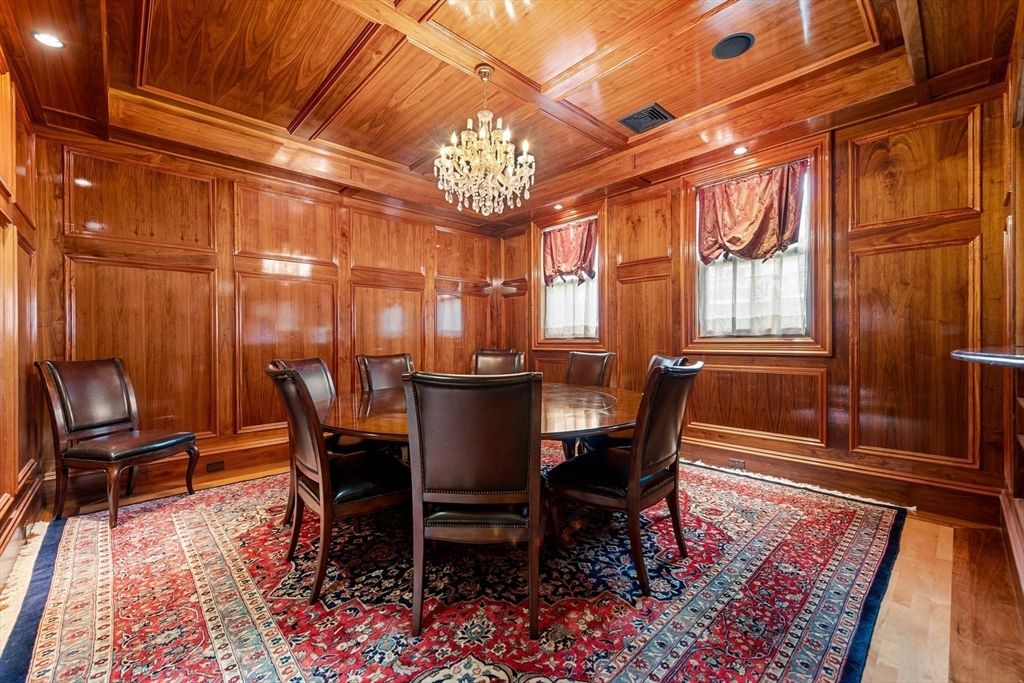 Chandelier, Dining room, Interior, Recessed Lighting, Wooden Beams, Wooden Ceilings, Wood Texture Flooring, Wooden Walls