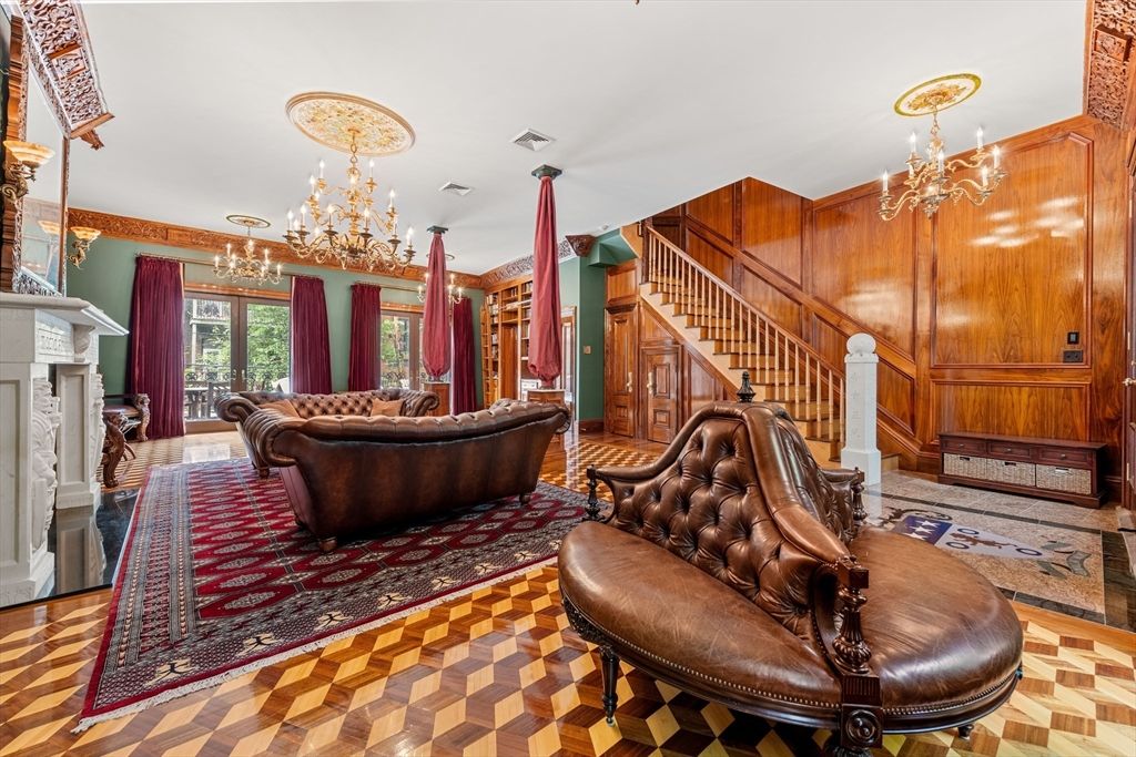 Chandelier, Fireplace, Interior, Living room, Wood Texture Flooring, Wooden Walls