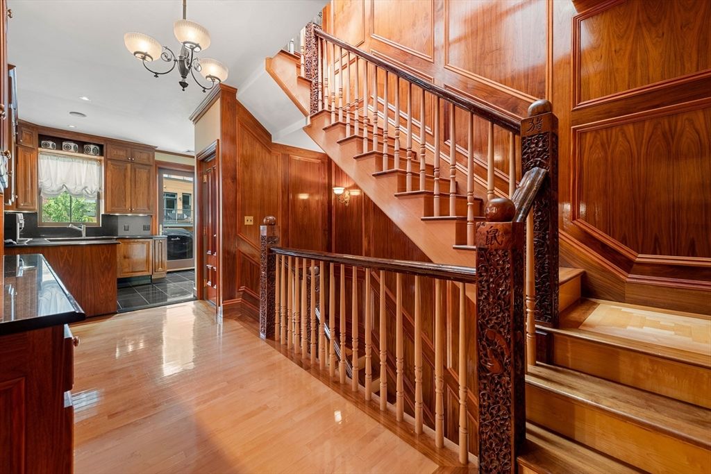Chandelier, Interior, Recessed Lighting, Wood Texture Flooring, Wooden Walls