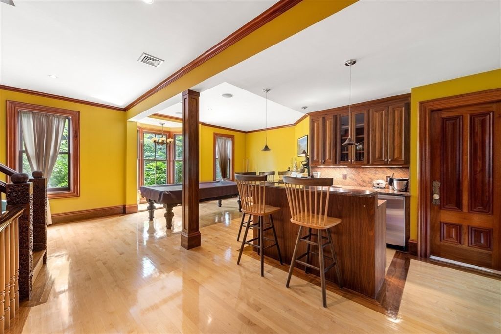 Billiard Table, Game Room, Interior, Kitchen, Pendant Lights, Recessed Lighting, Wood Texture Flooring