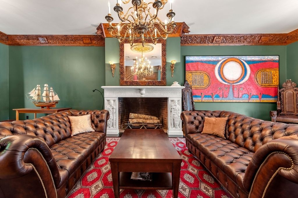 Chandelier, Fireplace, Interior, Living room