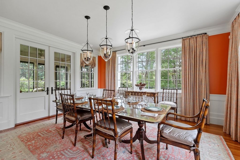 Dining room, Interior, Pendant Lights, Wood Texture Flooring