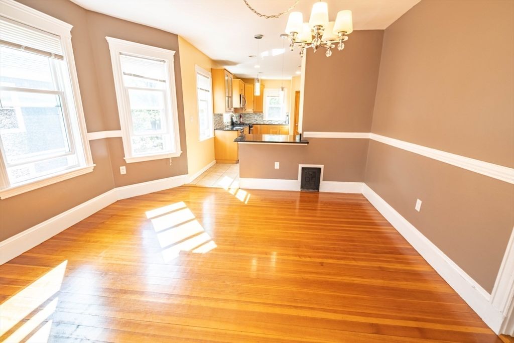 Chandelier, Empty room, Interior, Kitchen, Pendant Lights, Wood Texture Flooring