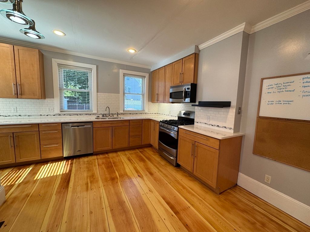 Interior, Kitchen, Recessed Lighting, Stainless Steel Appliances, Wood Texture Flooring