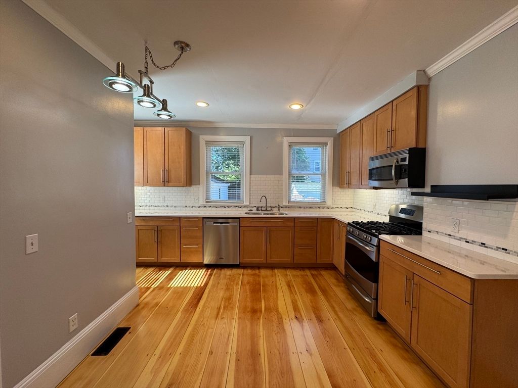 Interior, Kitchen, Recessed Lighting, Stainless Steel Appliances, Wood Texture Flooring