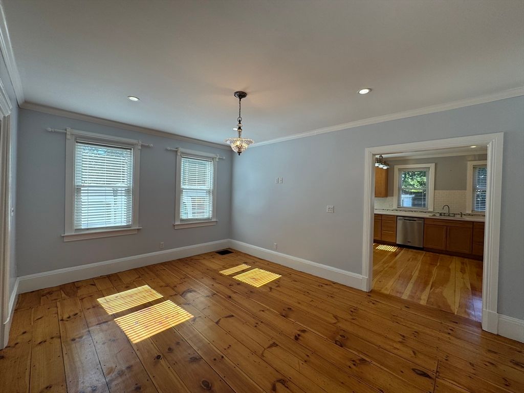 Empty room, Interior, Kitchen, Pendant Lights, Recessed Lighting, Wood Texture Flooring