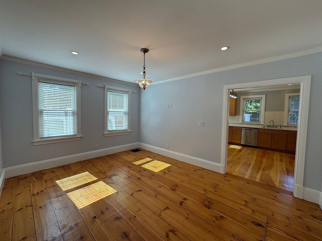Chandelier, Empty room, Interior, Kitchen, Pendant Lights, Recessed Lighting, Wood Texture Flooring
