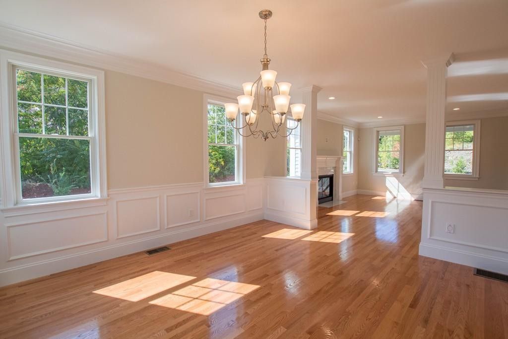 Chandelier, Empty room, Fireplace, Interior, Recessed Lighting, Wood Texture Flooring