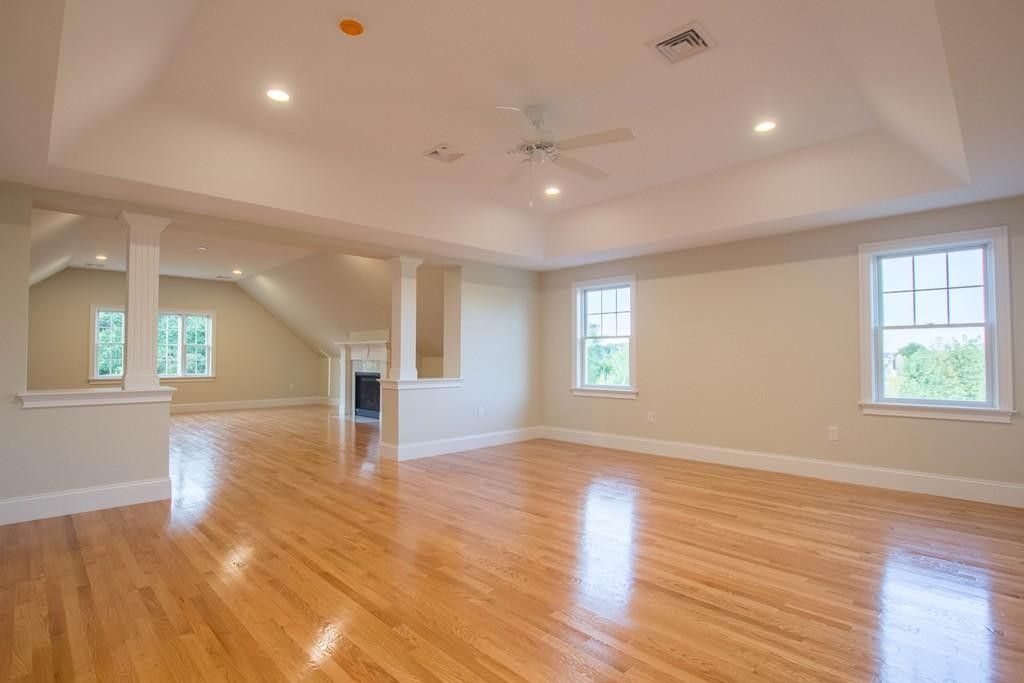 Empty room, Fireplace, Interior, Recessed Lighting, Wood Texture Flooring