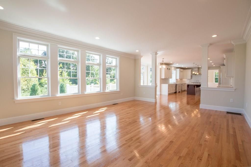 Empty room, Interior, Kitchen, Pendant Lights, Recessed Lighting, Wood Texture Flooring