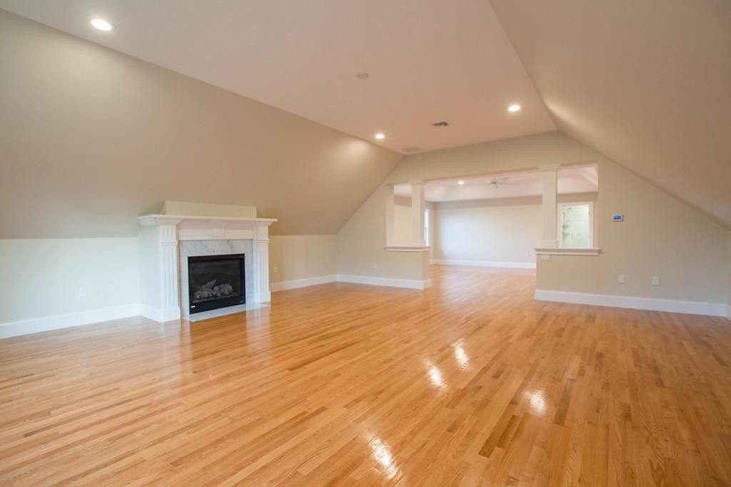Empty room, Fireplace, Interior, Recessed Lighting, Wood Texture Flooring