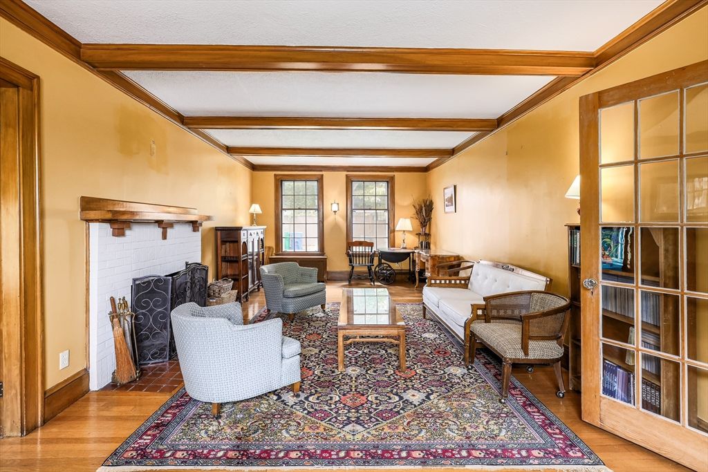 Fireplace, Interior, Living room, Wooden Beams, Wood Texture Flooring