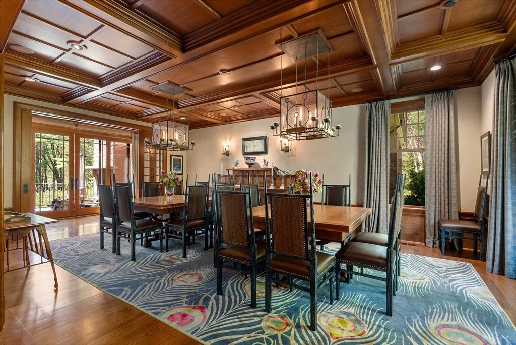 Chandelier, Dining room, Interior, Pendant Lights, Recessed Lighting, Wooden Beams, Wooden Ceilings, Wood Texture Flooring