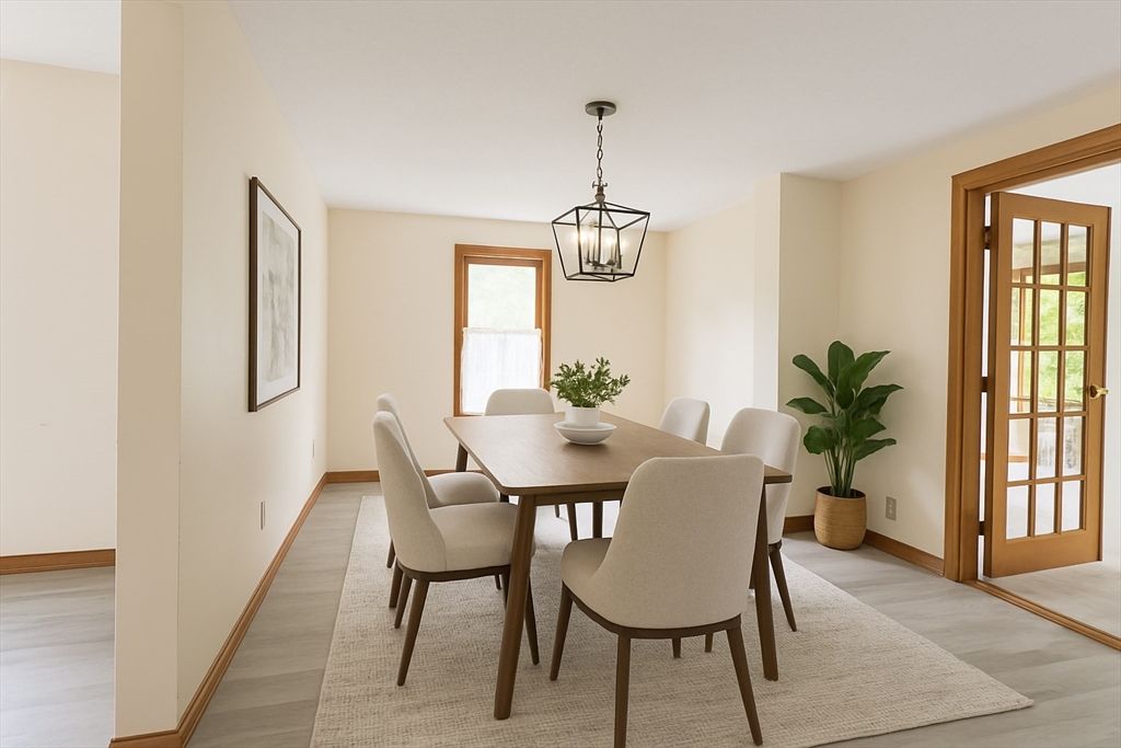 Dining room, Interior, Pendant Lights, Wood Texture Flooring