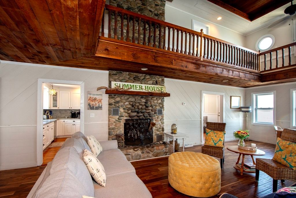 Fireplace, Interior, Living room, Recessed Lighting, Stone Walls, Wooden Ceilings, Wood Texture Flooring
