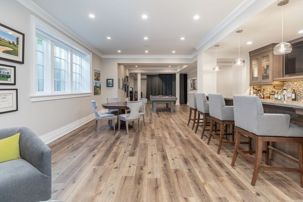 Billiard Table, Dining room, Game Room, Interior, Pendant Lights, Recessed Lighting, Wood Texture Flooring