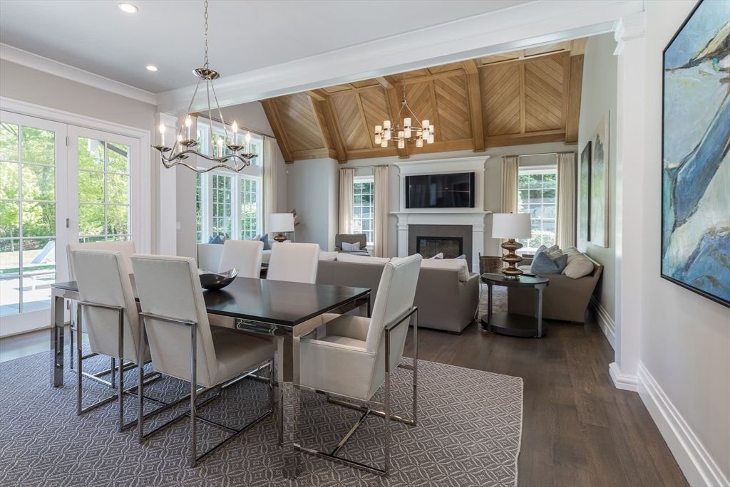 Chandelier, Dining room, Fireplace, Interior, Living room, Recessed Lighting, Wooden Beams, Wooden Ceilings, Wood Texture Flooring