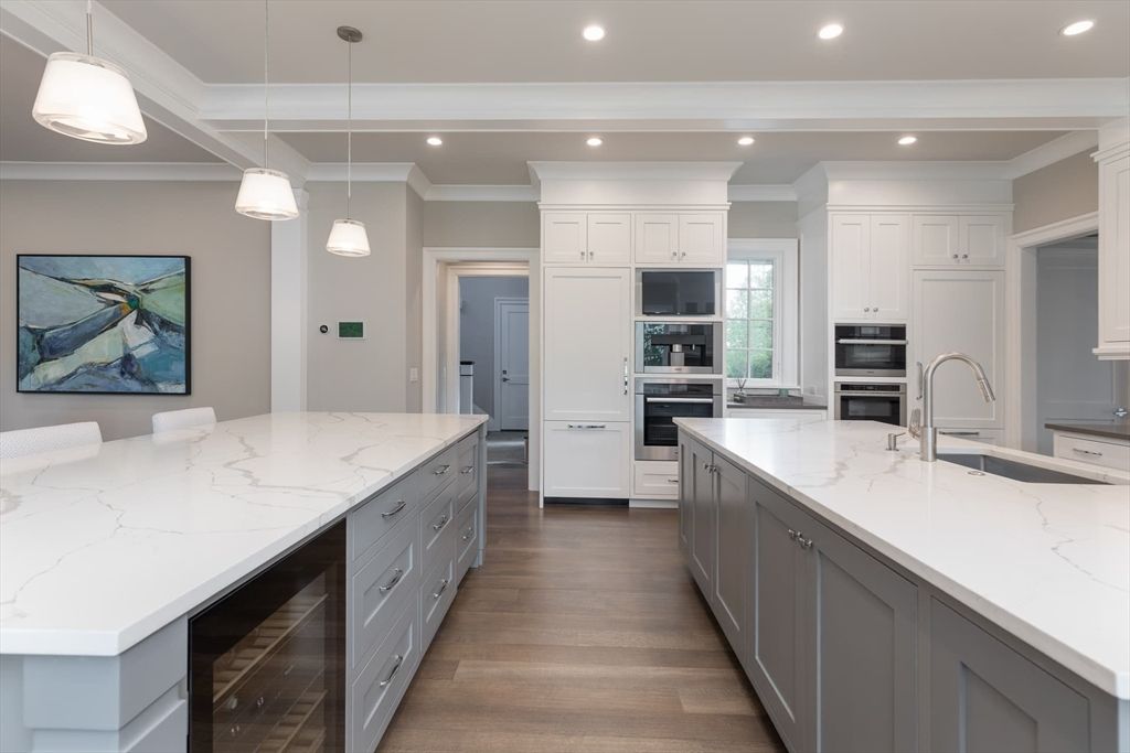 Interior, Kitchen, Pendant Lights, Recessed Lighting, Stainless Steel Appliances, Wood Texture Flooring