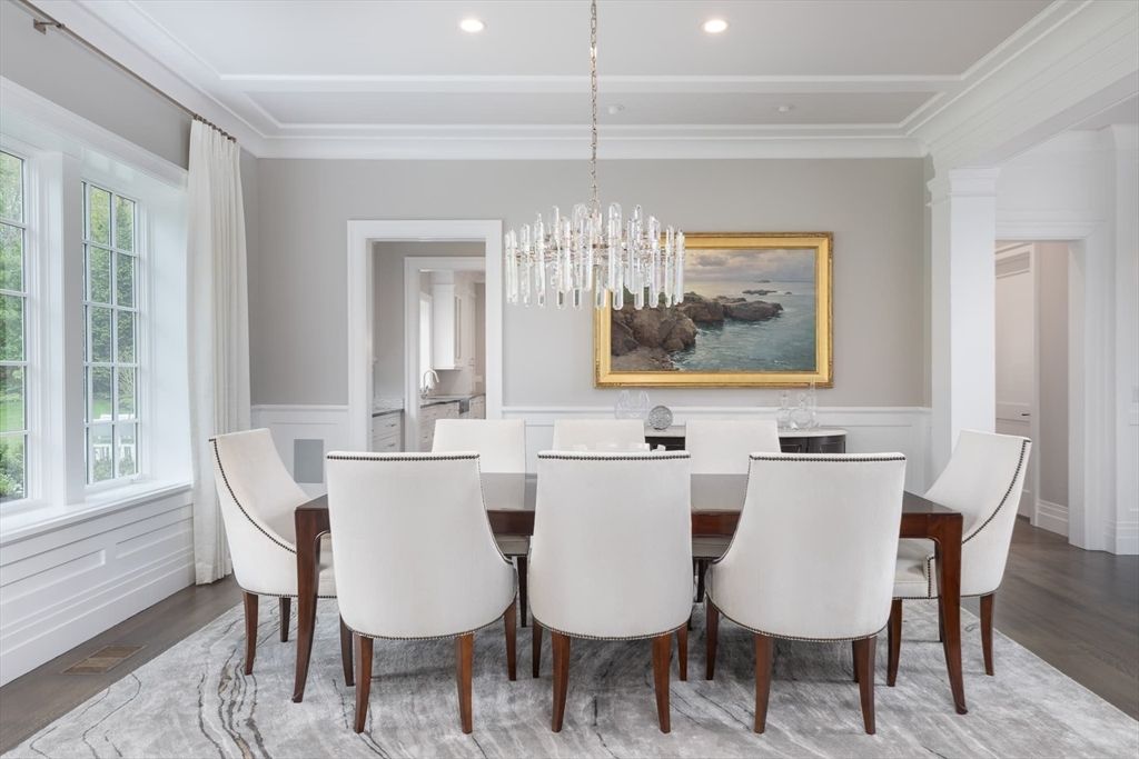 Chandelier, Dining room, Interior, Pendant Lights, Recessed Lighting, Wood Texture Flooring