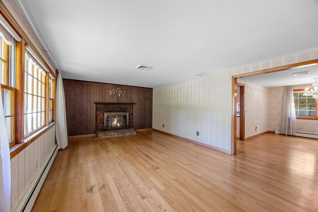 Chandelier, Empty room, Fireplace, Interior, Wood Texture Flooring, Wooden Walls
