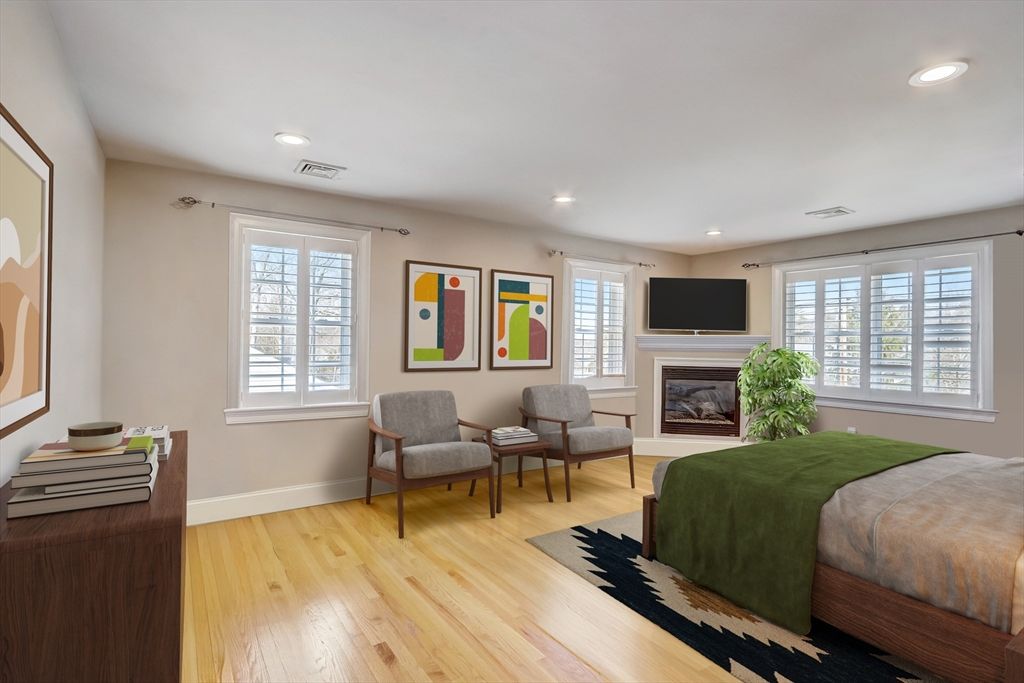 Bedroom, Fireplace, Interior, Recessed Lighting, Wood Texture Flooring