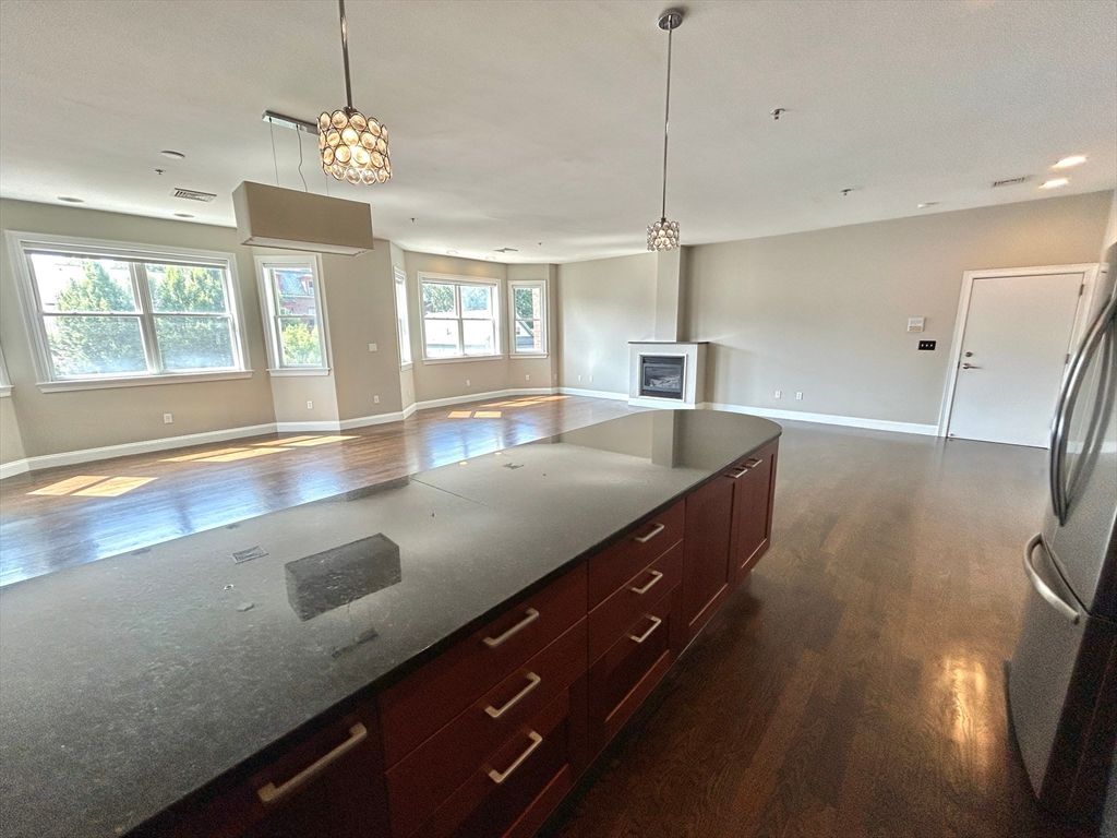 Interior, Kitchen, Pendant Lights, Recessed Lighting, Wood Texture Flooring