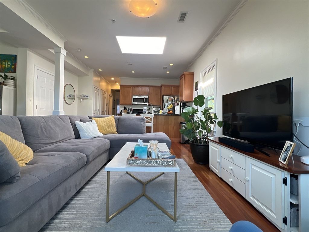 Interior, Kitchen, Living room, Recessed Lighting, Stainless Steel Appliances, Wood Texture Flooring