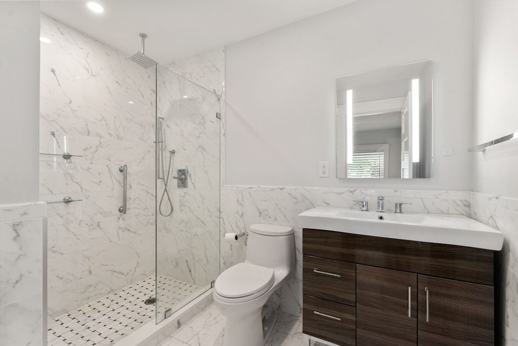 Bathroom, Glass Shower, Interior, Marble, Marble Walls, Recessed Lighting