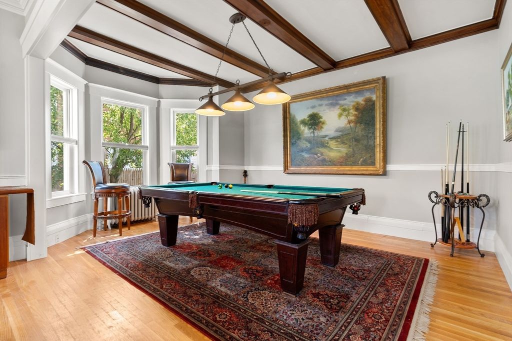 Billiard Table, Game Room, Interior, Pendant Lights, Wooden Beams, Wood Texture Flooring