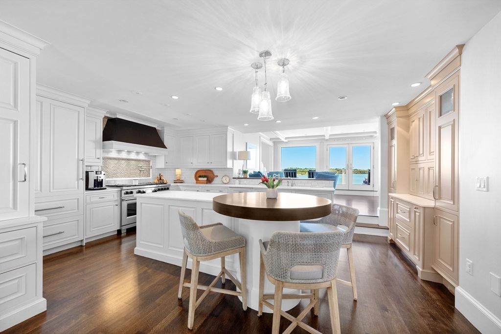Interior, Kitchen, Pendant Lights, Recessed Lighting, Stainless Steel Appliances, Water, Wood Texture Flooring