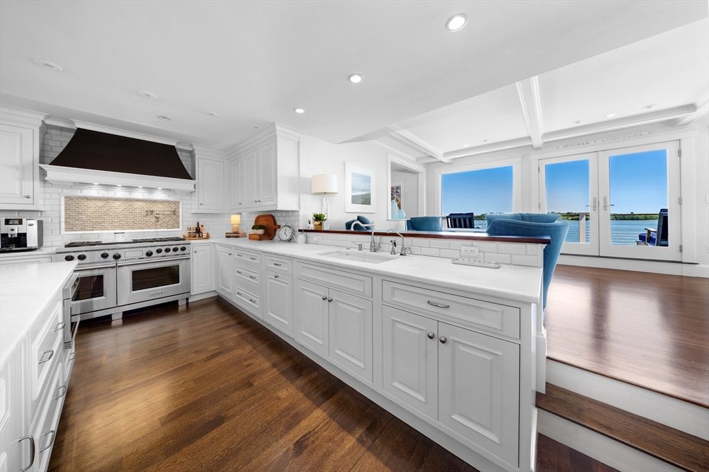 Interior, Kitchen, Recessed Lighting, Stainless Steel Appliances, Water, Wood Texture Flooring