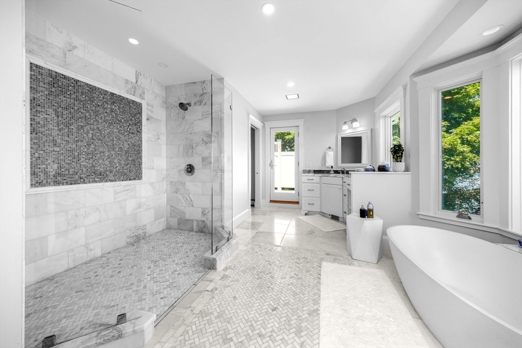 Bathroom, Free Standing Baths, Glass Shower, Interior, Marble, Marble Walls, Recessed Lighting