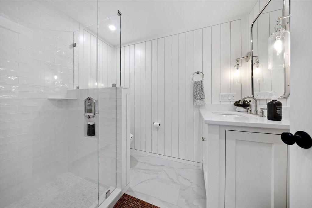 Bathroom, Glass Shower, Interior, Marble, Recessed Lighting