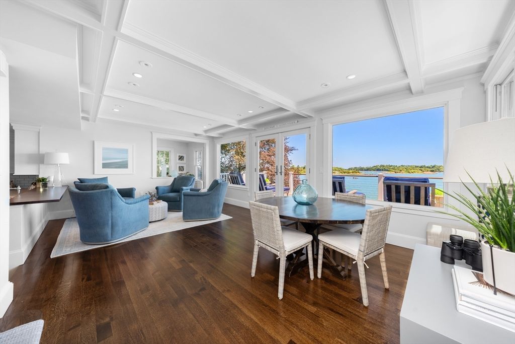 Dining room, Interior, Living room, Recessed Lighting, Water, Wood Texture Flooring