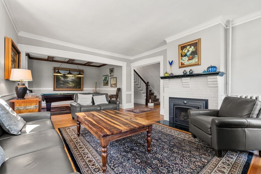 Fireplace, Interior, Living room, Pendant Lights, Wood Texture Flooring