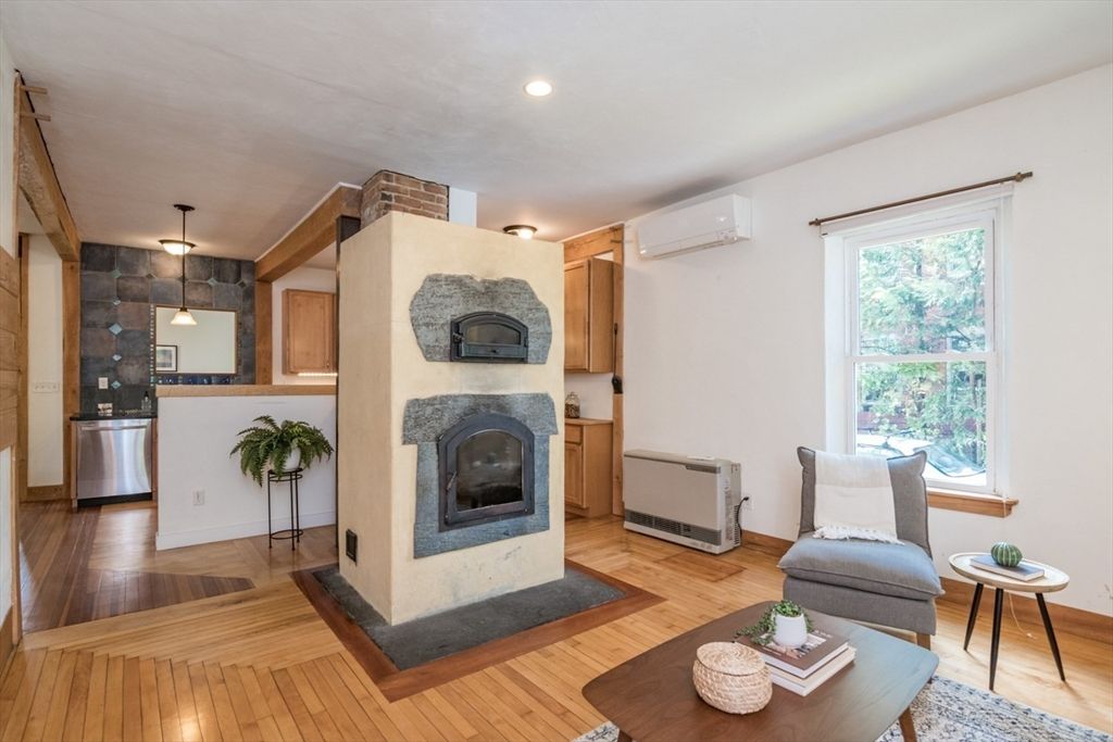 Fireplace, Interior, Pendant Lights, Recessed Lighting, Wood Texture Flooring