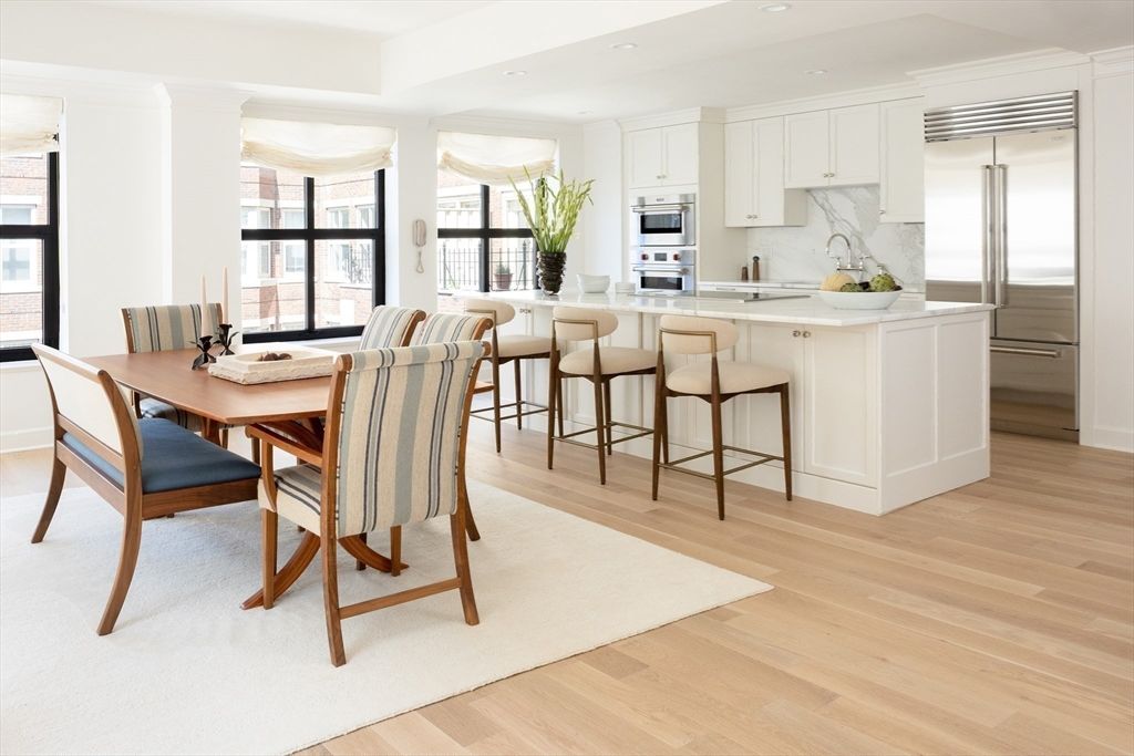 Dining room, Interior, Kitchen, Recessed Lighting, Stainless Steel Appliances, Wood Texture Flooring