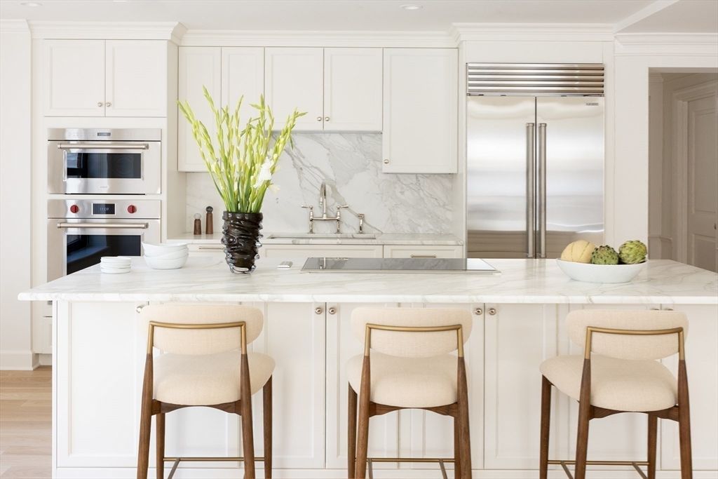 Interior, Kitchen, Marble Walls, Stainless Steel Appliances, Wood Texture Flooring