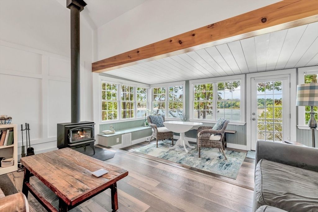 Fireplace, Interior, Living room, Sun Room, Wooden Beams, Wood Texture Flooring