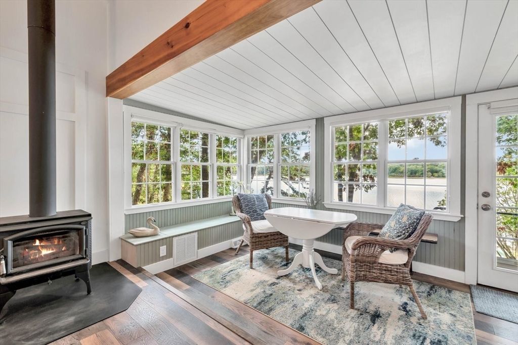 Fireplace, Interior, Sun Room, Water, Wood Texture Flooring