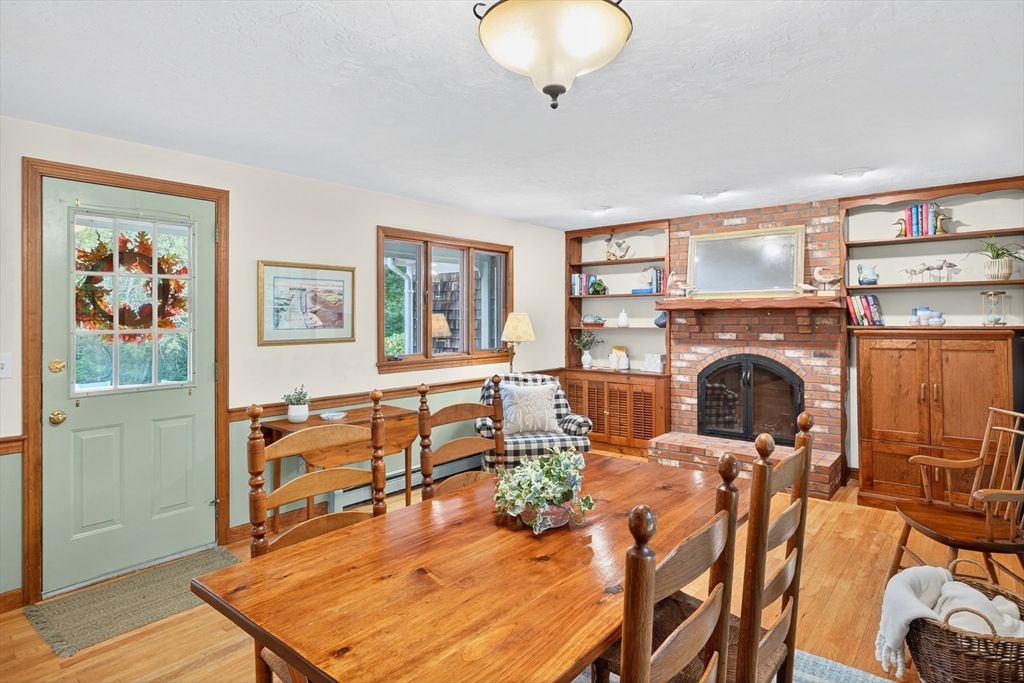 Dining room, Fireplace, Interior, Stone Walls, Wood Texture Flooring