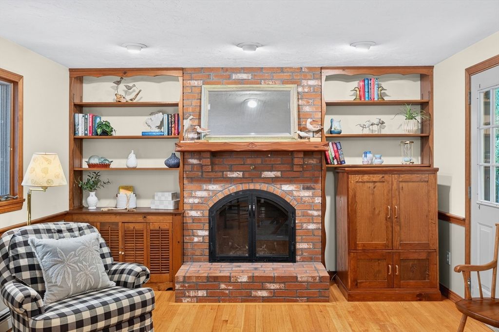 Fireplace, Interior, Recessed Lighting, Stone Walls, Wood Texture Flooring