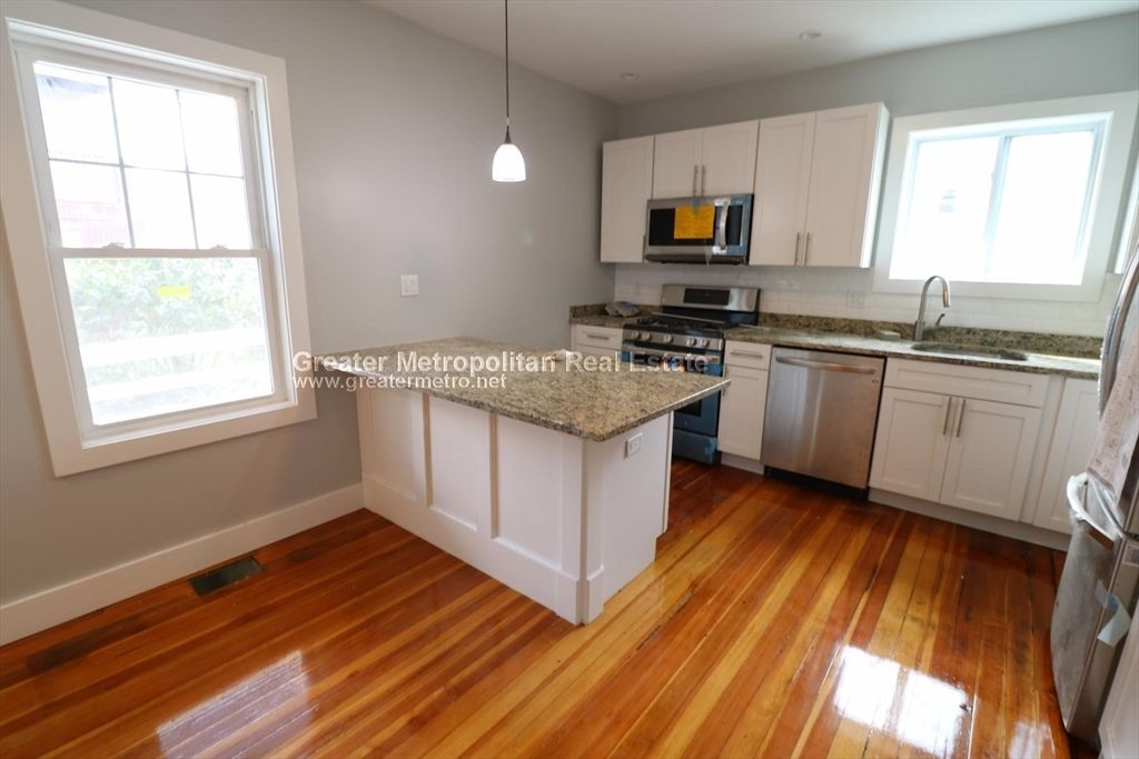 Interior, Kitchen, Pendant Lights, Stainless Steel Appliances, Wood Texture Flooring