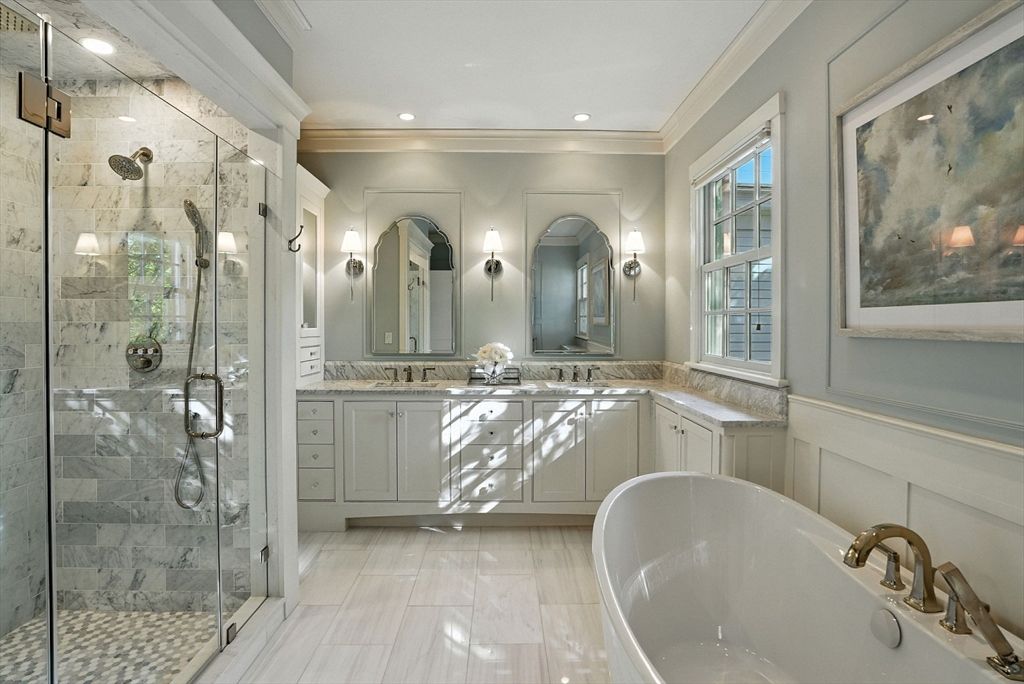 Bathroom, Dual Sink Vanities, Free Standing Baths, Glass Shower, Interior, Marble Walls, Recessed Lighting