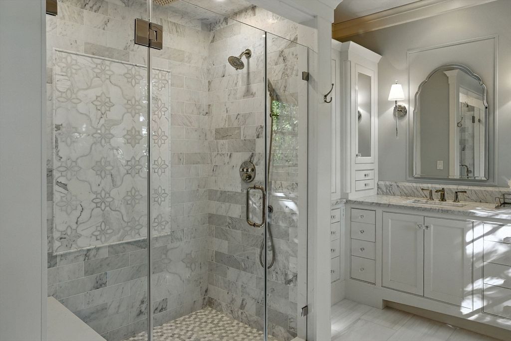 Bathroom, Glass Shower, Interior, Marble Walls