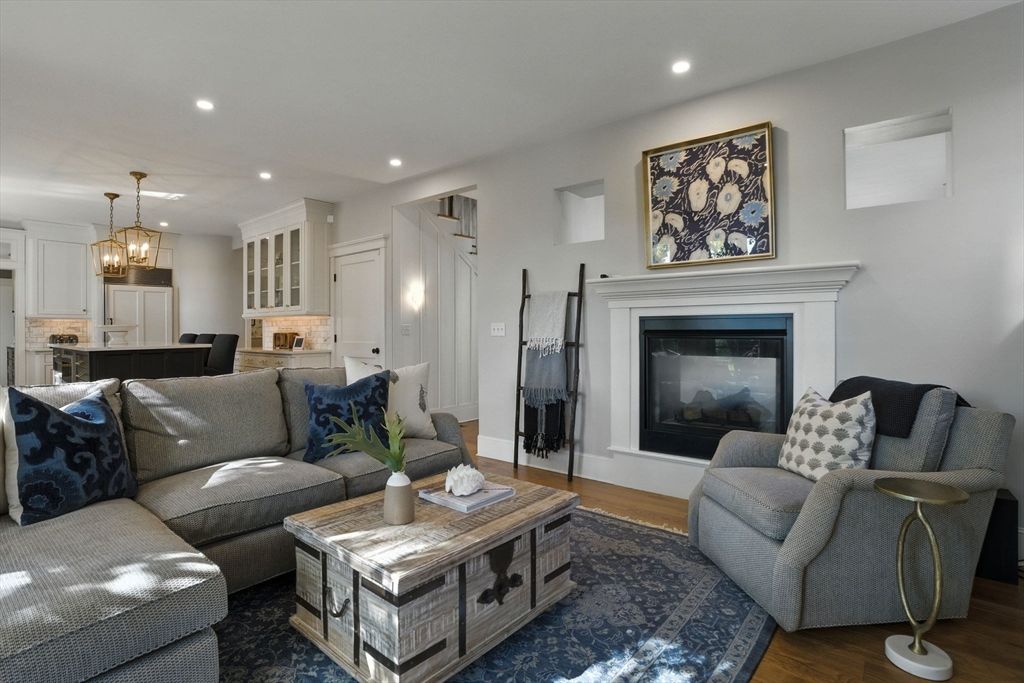 Fireplace, Interior, Kitchen, Living room, Pendant Lights, Recessed Lighting, Wood Texture Flooring