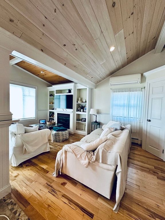 Fireplace, Interior, Living room, Recessed Lighting, Wooden Ceilings, Wood Texture Flooring