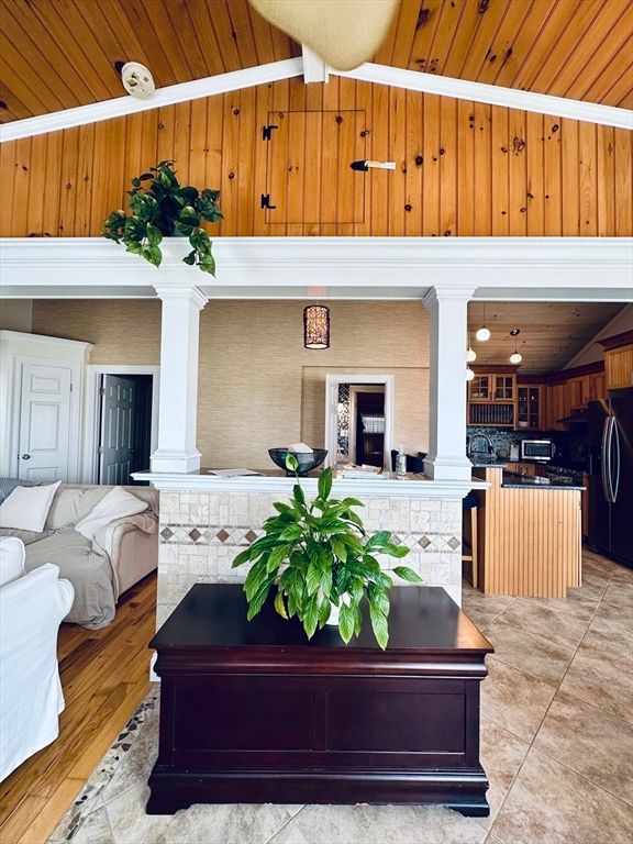 Fireplace, Interior, Kitchen, Pendant Lights, Wooden Ceilings